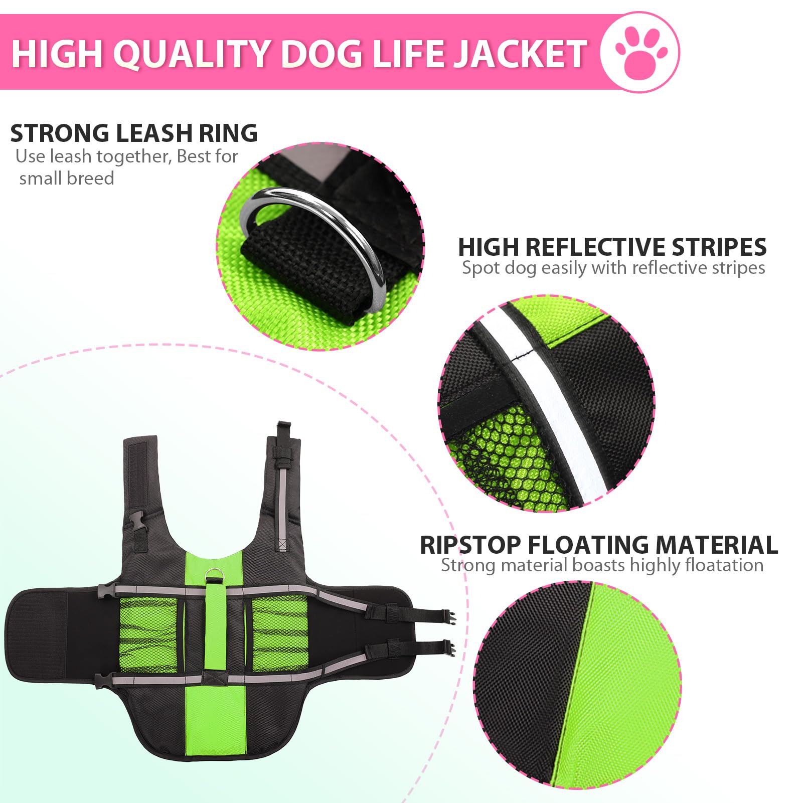 Queenmore Dog Life Jacket Lifesaver Preserver High Buoyancy With Emergency Grab Handle For Small & Medium Dogs Green, Small